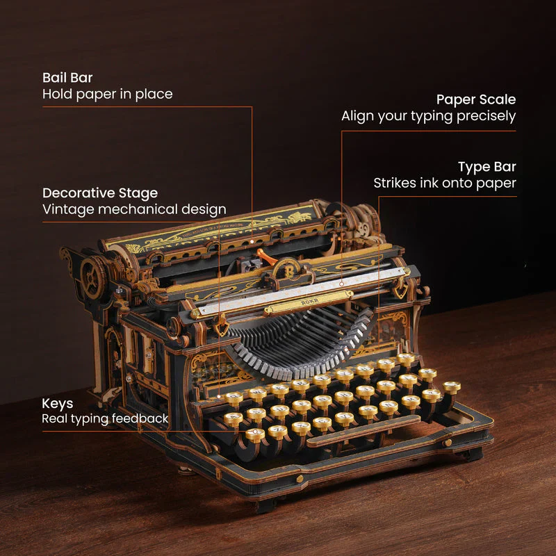 Robotime ROKR Mechanical Typewriter Wooden 3D Puzzle LK703B (Classic Version) (Back Order) - Image 7