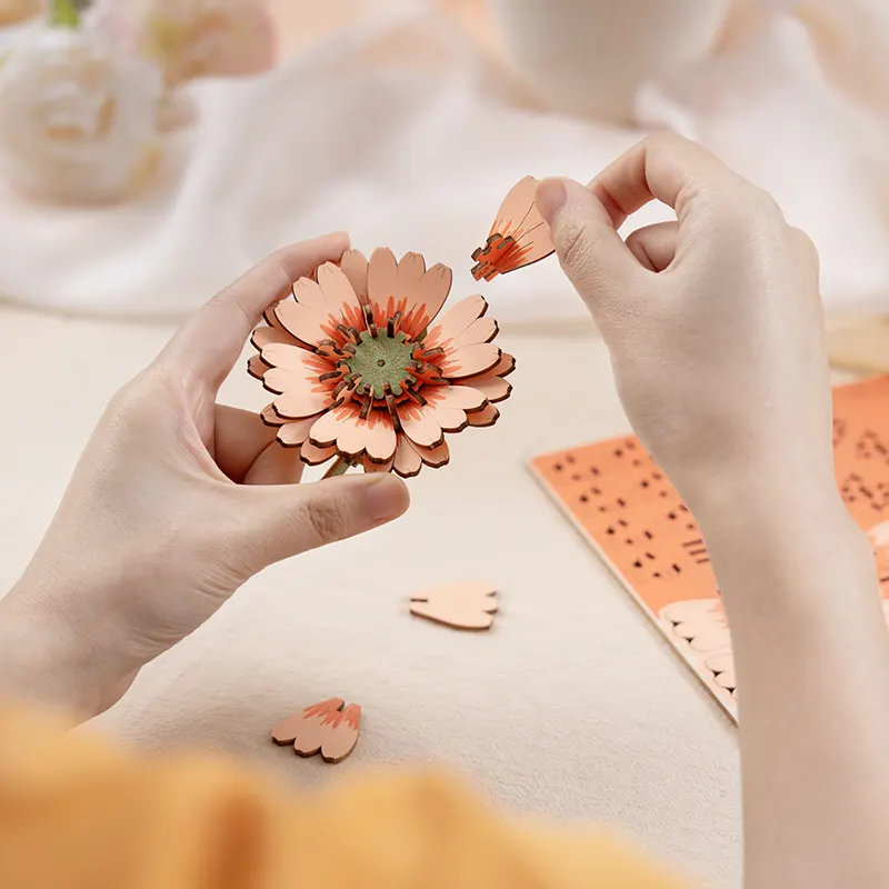 Robotime Rowood DIY Wooden Flower Light Orange Gerbera 3D Wooden Puzzle TW111 - Image 3
