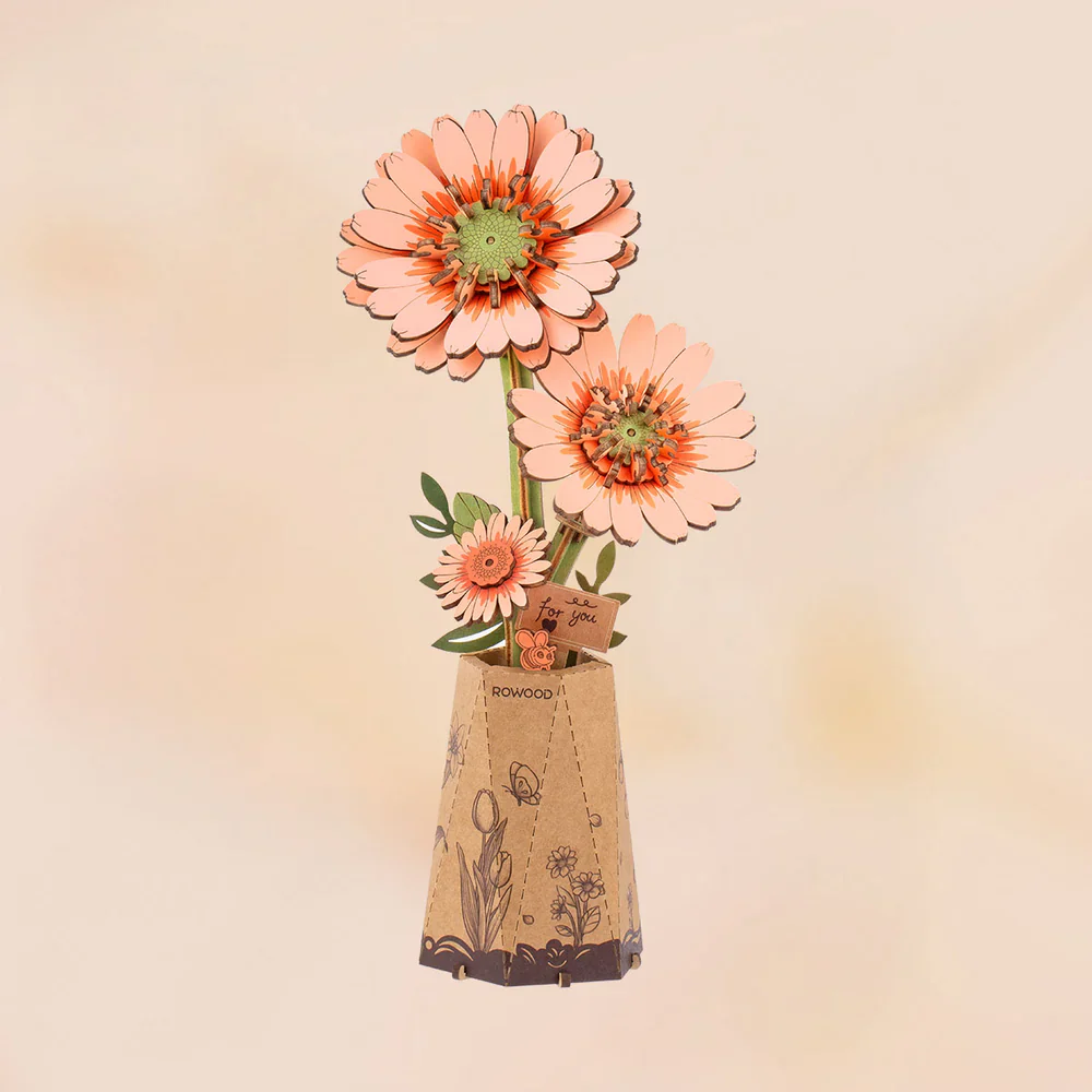 Robotime Rowood DIY Wooden Flower Light Orange Gerbera 3D Wooden Puzzle TW111 - Image 4