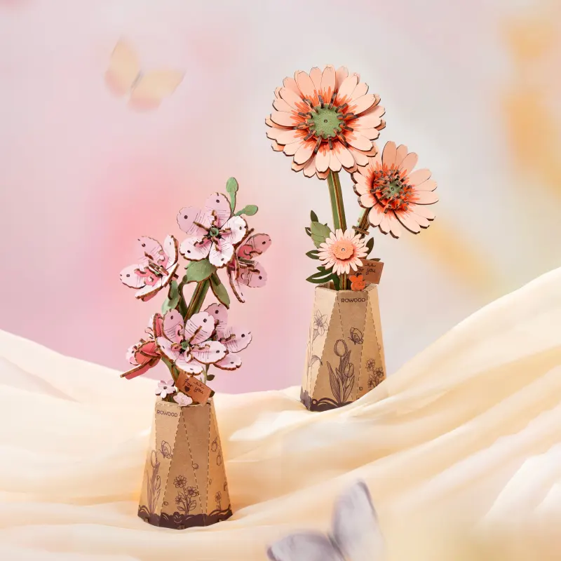 Robotime Rowood DIY Wooden Flower Light Orange Gerbera 3D Wooden Puzzle TW111 - Image 5