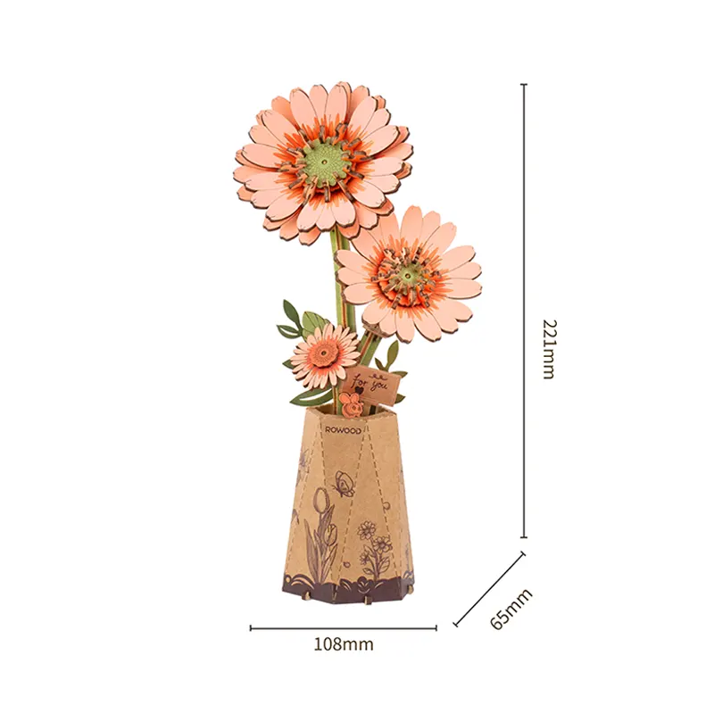 Robotime Rowood DIY Wooden Flower Light Orange Gerbera 3D Wooden Puzzle TW111 - Image 7