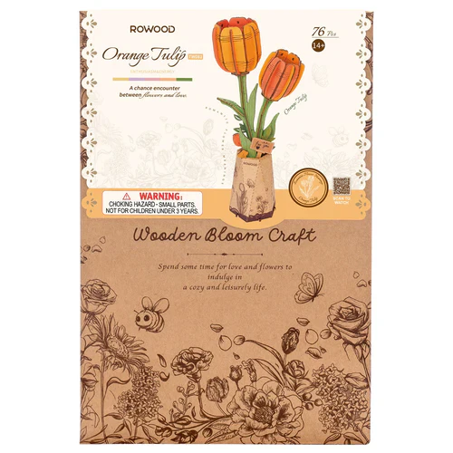 Robotime Rowood DIY Wooden Flower Orange Tulip 3D Wooden Puzzle TW081 - Image 4